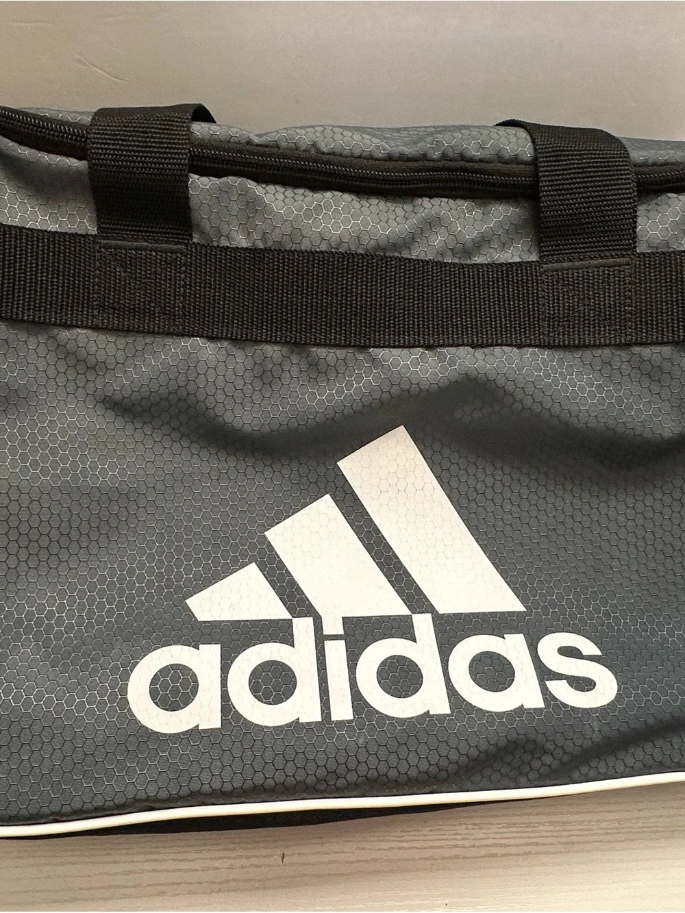 adidas Grey and Black Logo Duffel Bag with White Accents